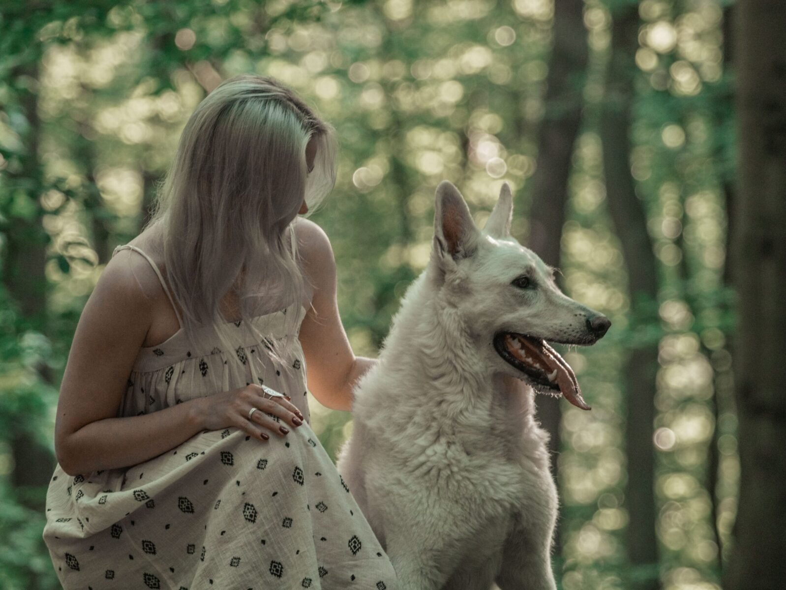 Blonde woman with White Swiss Shepherd in serene forest setting, showcasing companionship in nature.