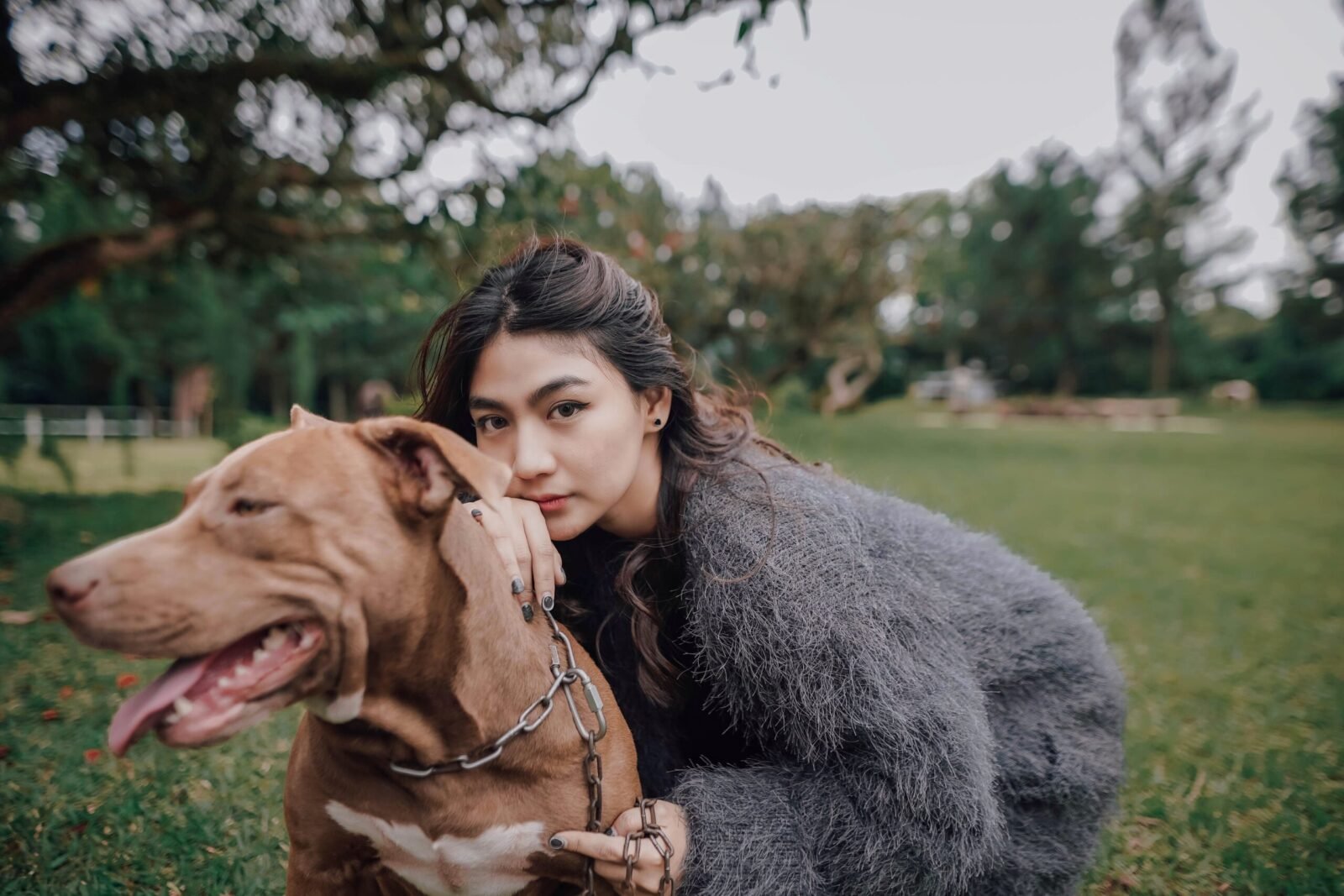 A woman poses with her pitbull dog in a green park, showcasing a serene outdoor setting.