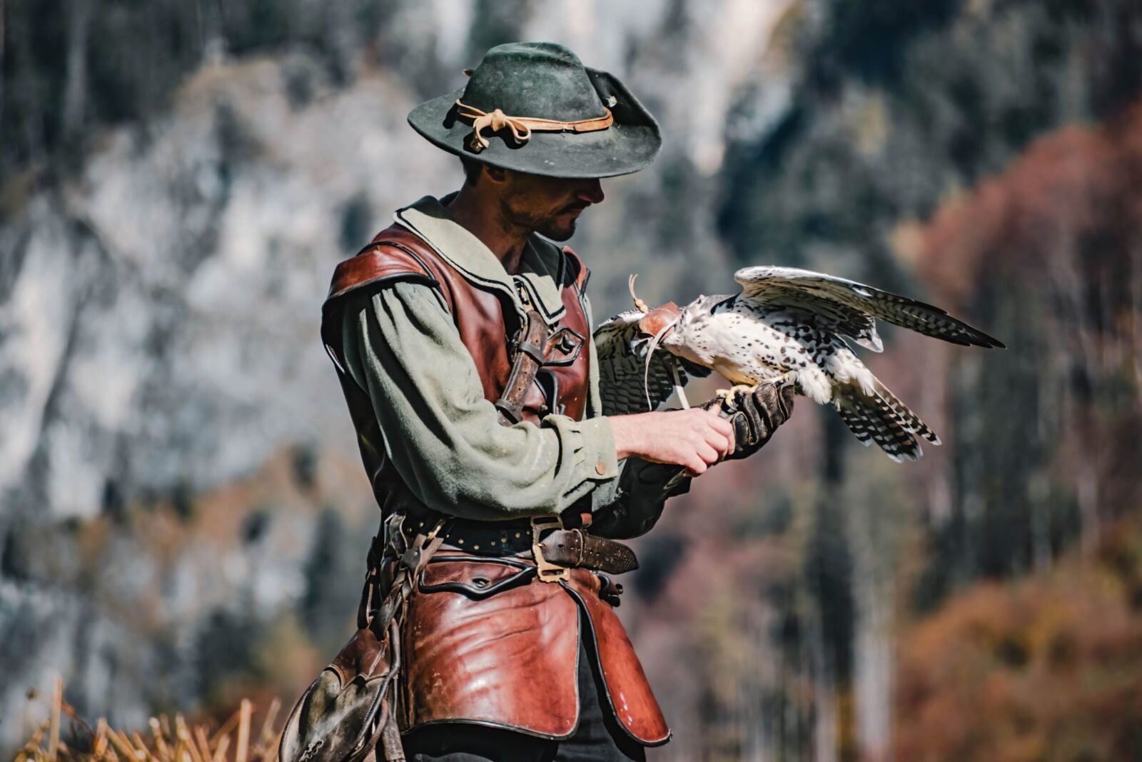 A falconer in traditional attire handling a falcon in an outdoor setting.