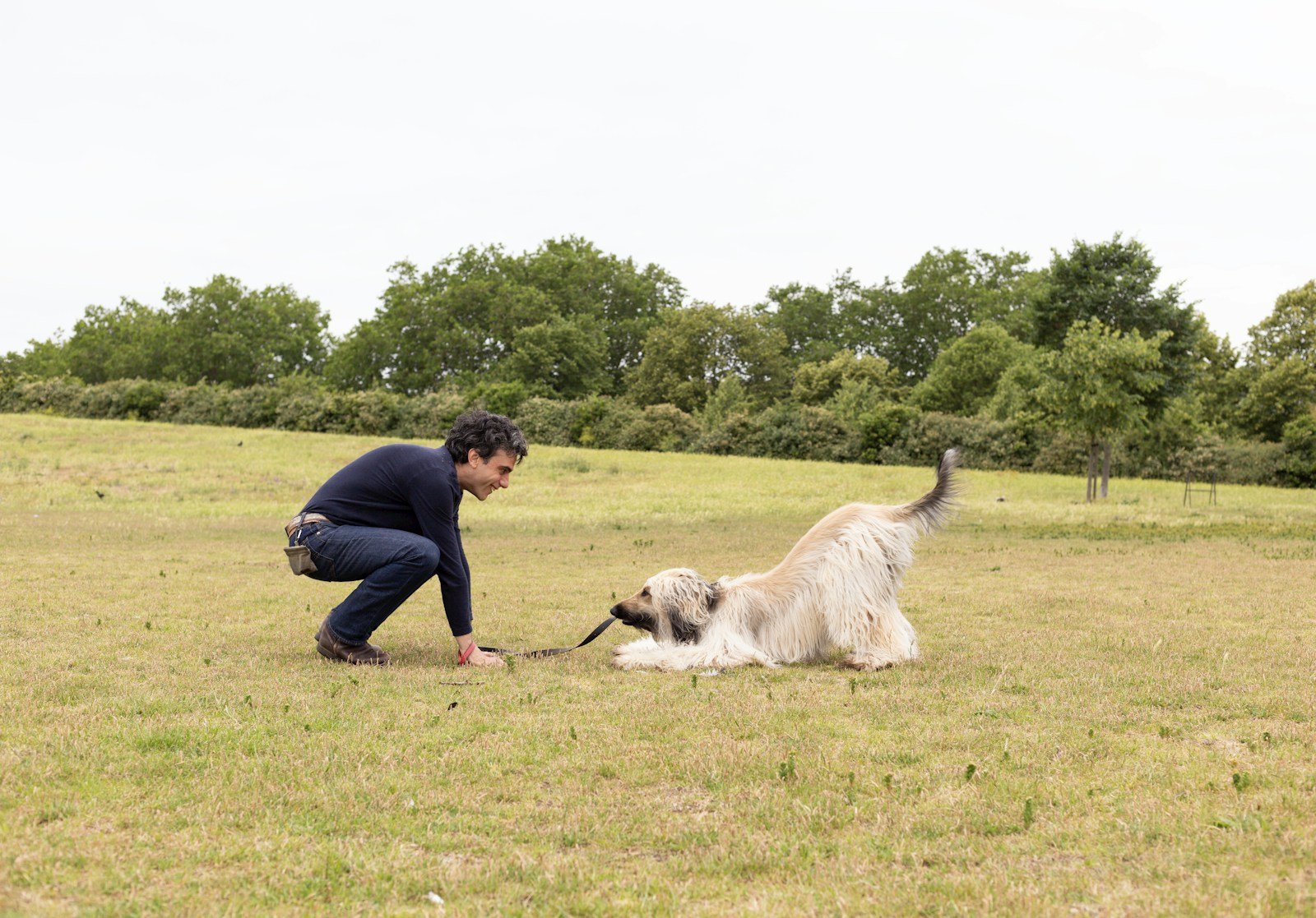 Man playing with a dog in a grassy park.